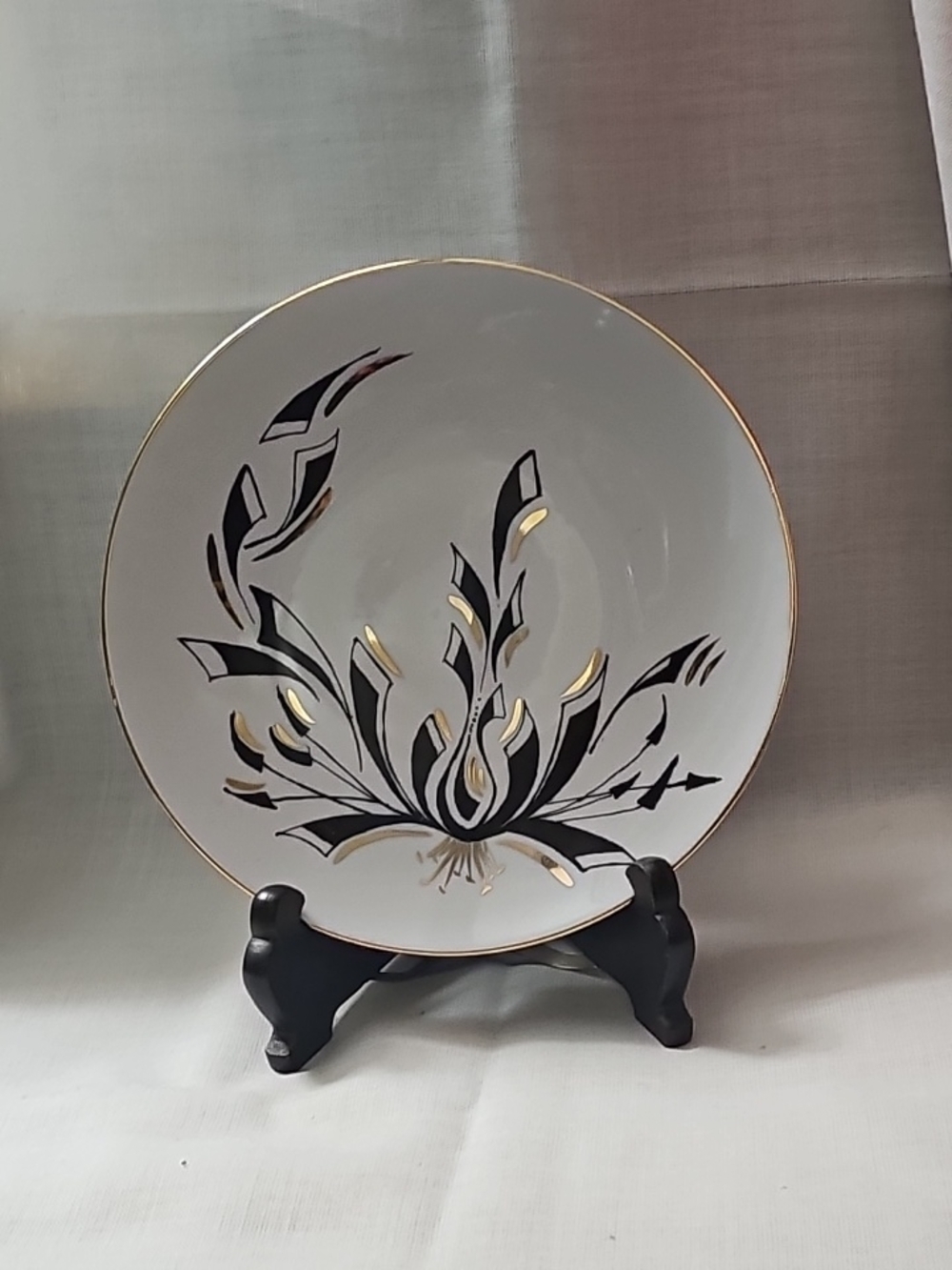 Decorative White Porcelain Hanging Plate with Black & Gold Floral Design